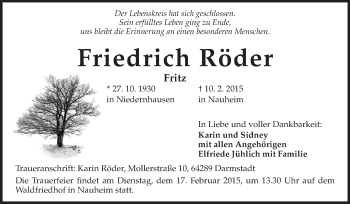 Traueranzeige von Friedrich Röder von Echo-Zeitungen (Gesamtausgabe)