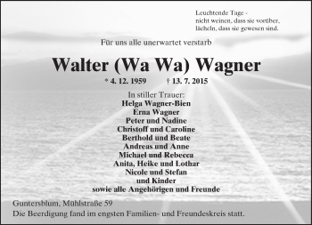 Traueranzeige von Walter Wagner von  Landskrone