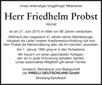 Traueranzeige von Friedhelm Probst von Odenwälder Echo