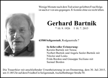 Traueranzeige von Gerhard Bartnik von Echo-Zeitungen (Gesamtausgabe)