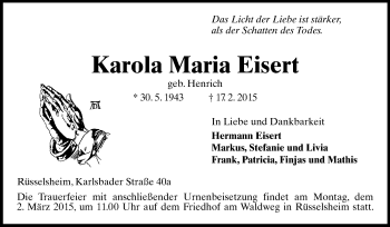 Traueranzeige von Karola Maria Eisert von Rüsselsheimer Echo, Groß-Gerauer-Echo, Ried Echo