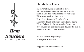 Traueranzeige von Hans Kutschera von Starkenburger Echo