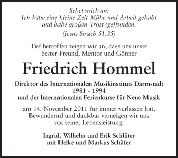 Traueranzeige von Friedrich Ferdinand Hommel von Echo-Zeitungen (Gesamtausgabe)