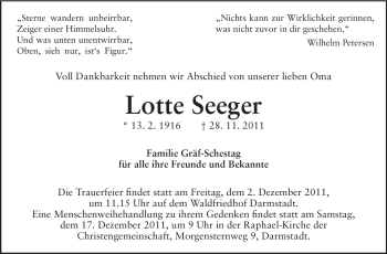 Traueranzeige von Lotte Seeger von Darmstädter Echo, Odenwälder Echo, Rüsselsheimer Echo, Groß-Gerauer-Echo, Ried Echo