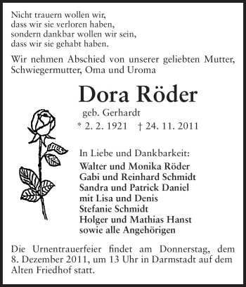 Traueranzeige von Dora Röder von Echo-Zeitungen (Gesamtausgabe)