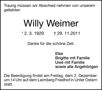 Traueranzeige von Willy Weimer von Odenwälder Echo