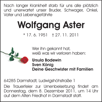 Traueranzeige von Wolfgang Aster von Echo-Zeitungen (Gesamtausgabe)