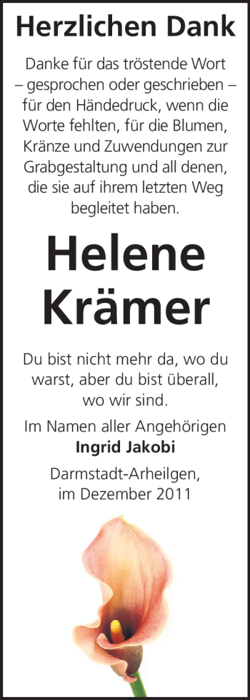 Traueranzeige von Helene Krämer von Echo-Zeitungen (Gesamtausgabe)