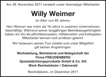 Traueranzeige von Willy Weimer von Odenwälder Echo