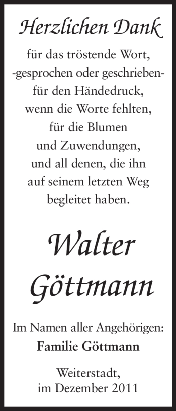Traueranzeige von Walter Göttmann von Echo-Zeitungen (Gesamtausgabe)