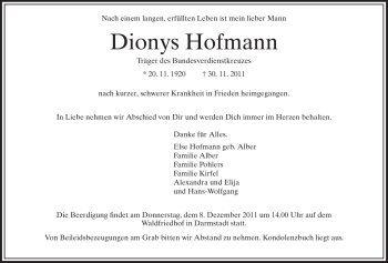 Traueranzeige von Dionys Hofmann von Echo-Zeitungen (Gesamtausgabe)