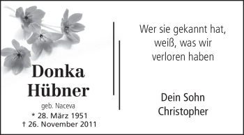 Traueranzeige von Donka Hübner von Echo-Zeitungen (Gesamtausgabe)