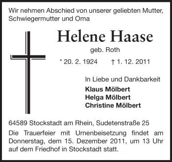 Traueranzeige von Helene Haase von Rüsselsheimer Echo, Groß-Gerauer-Echo, Ried Echo