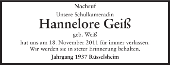 Traueranzeige von Hannelore Geiß von Rüsselsheimer Echo, Groß-Gerauer-Echo, Ried Echo