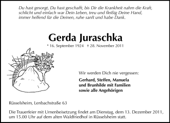 Traueranzeige von Gerda Juraschka von Rüsselsheimer Echo, Groß-Gerauer-Echo, Ried Echo