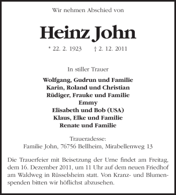 Traueranzeige von Heinz John von Rüsselsheimer Echo, Groß-Gerauer-Echo, Ried Echo