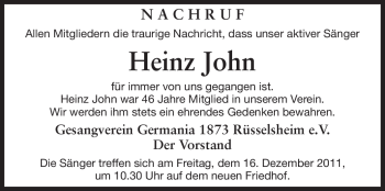 Traueranzeige von Heinz John von Echo-Zeitungen (Gesamtausgabe)