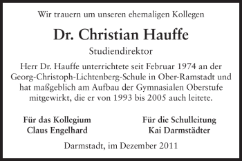 Traueranzeige von Christian Hauffe von Echo-Zeitungen (Gesamtausgabe)