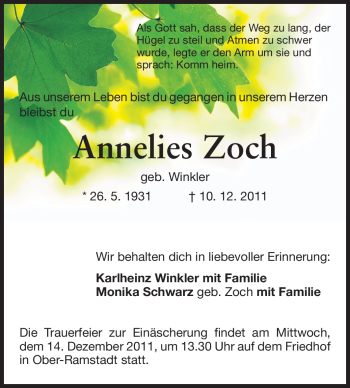 Traueranzeige von Annelies Zoch von Darmstädter Echo, Odenwälder Echo, Rüsselsheimer Echo, Groß-Gerauer-Echo, Ried Echo