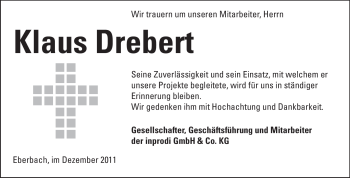 Traueranzeige von Klaus Drebert von Odenwälder Echo