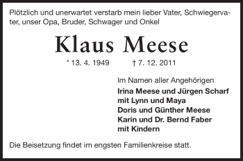 Traueranzeige von Klaus Meese von Darmstädter Echo, Odenwälder Echo, Rüsselsheimer Echo, Groß-Gerauer-Echo, Ried Echo