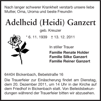 Traueranzeige von Adelheid Ganzert von Echo-Zeitungen (Gesamtausgabe)