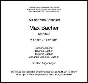 Traueranzeige von Max Bächer von Echo-Zeitungen (Gesamtausgabe)