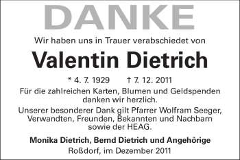 Traueranzeige von Valentin Dietrich von Echo-Zeitungen (Gesamtausgabe)