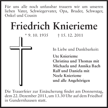 Traueranzeige von Friedrich Knierieme von Echo-Zeitungen (Gesamtausgabe)