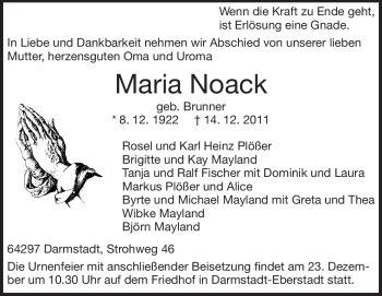 Traueranzeige von Maria Noack von Darmstädter Echo, Odenwälder Echo, Rüsselsheimer Echo, Groß-Gerauer-Echo, Ried Echo