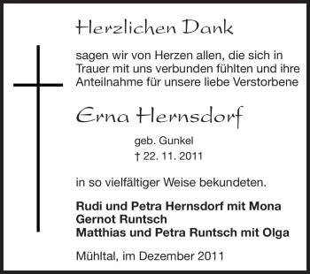 Traueranzeige von Erna Hernsdorf von Echo-Zeitungen (Gesamtausgabe)