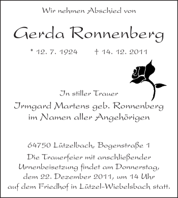Traueranzeige von Gerda Ronnenberg von Odenwälder Echo