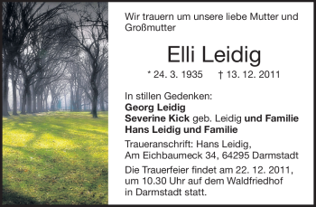 Traueranzeige von Elli Leidig von Darmstädter Echo, Odenwälder Echo, Rüsselsheimer Echo, Groß-Gerauer-Echo, Ried Echo