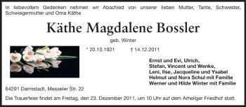 Traueranzeige von Käthe Magdalene Bossler von Darmstädter Echo, Odenwälder Echo, Rüsselsheimer Echo, Groß-Gerauer-Echo, Ried Echo