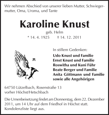 Traueranzeige von Karoline Knust von Odenwälder Echo