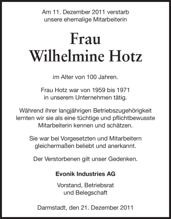 Traueranzeige von Wilhelmine Hotz von Echo-Zeitungen (Gesamtausgabe)