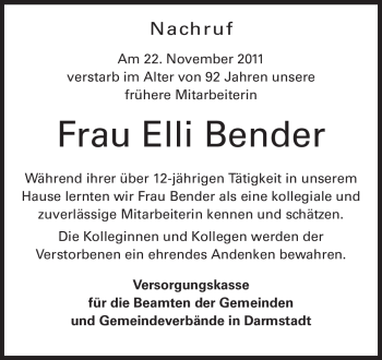 Traueranzeige von Elli Bender von Echo-Zeitungen (Gesamtausgabe)