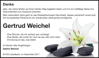 Traueranzeige von Gertrud Eva Weichel von Odenwälder Echo