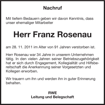 Traueranzeige von Franz Rosenau von Echo-Zeitungen (Gesamtausgabe)