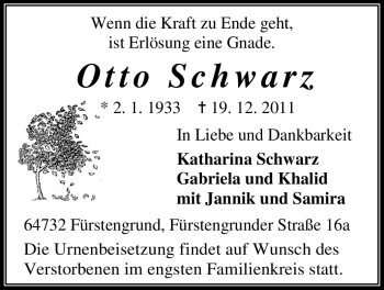 Traueranzeige von Otto Schwarz von Odenwälder Echo