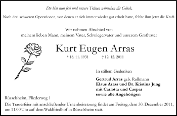 Traueranzeige von Kurt Eugen Arras von Rüsselsheimer Echo, Groß-Gerauer-Echo, Ried Echo