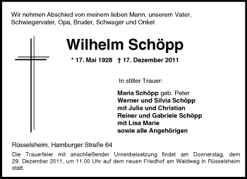 Traueranzeige von Wilhelm Schöpp von Rüsselsheimer Echo, Groß-Gerauer-Echo, Ried Echo