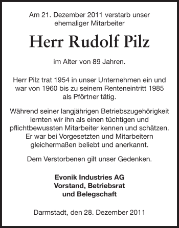 Traueranzeige von Rudolf Pilz von Echo-Zeitungen (Gesamtausgabe)