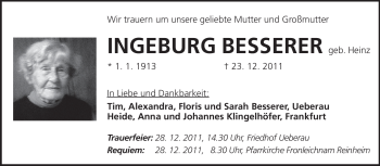 Traueranzeige von Ingeburg Besserer von Darmstädter Echo, Odenwälder Echo, Rüsselsheimer Echo, Groß-Gerauer-Echo, Ried Echo