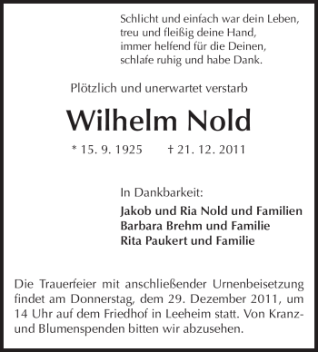 Traueranzeige von Wilhelm Nold von Rüsselsheimer Echo, Groß-Gerauer-Echo, Ried Echo