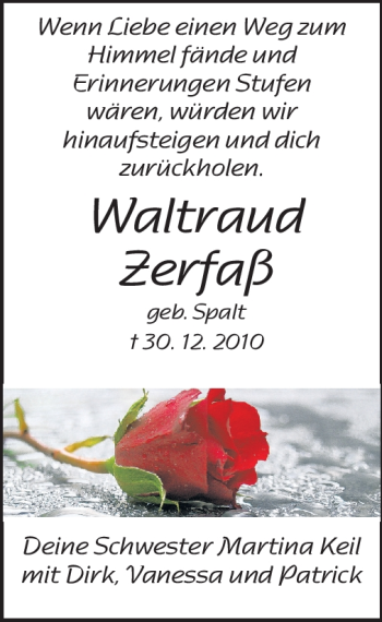Traueranzeige von Waltraud Zerfass von Darmstädter Echo, Odenwälder Echo, Rüsselsheimer Echo, Groß-Gerauer-Echo, Ried Echo