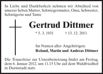 Traueranzeige von Gertrud Dittmer von Echo-Zeitungen (Gesamtausgabe)