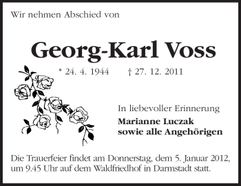 Traueranzeige von Georg-Karl Voss von Darmstädter Echo, Odenwälder Echo, Rüsselsheimer Echo, Groß-Gerauer-Echo, Ried Echo
