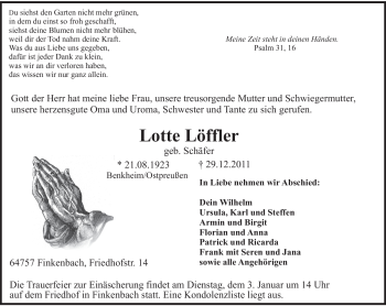 Traueranzeige von Lotte Löffler von Odenwälder Echo