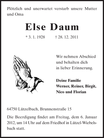Traueranzeige von Else Daum von Odenwälder Echo